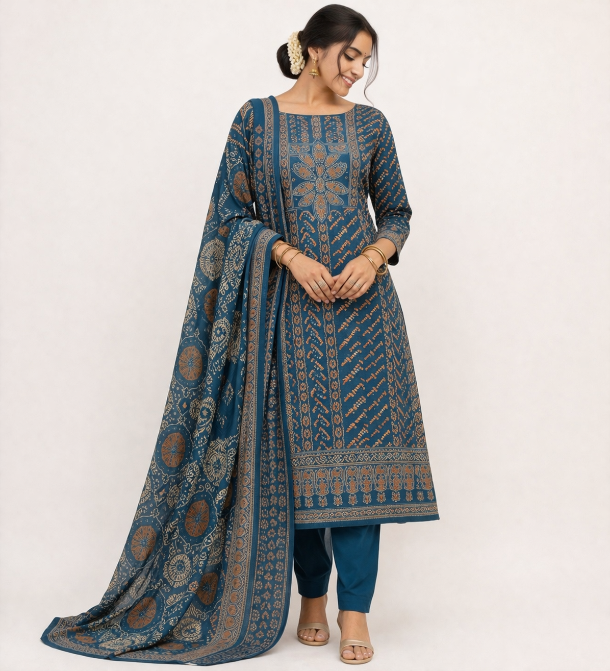 Indigo Blue Ajrakh Printed Cotton Dress Material Set with Dupatta | Unstitched Salwar Suit Fabric