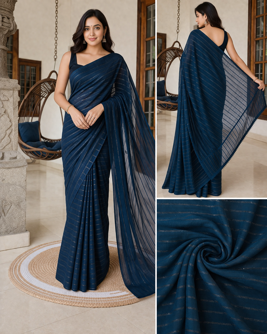 Navy Blue Striped Sheer Saree Fabric Set | Unstitched Elegant Zari Line Saree Material