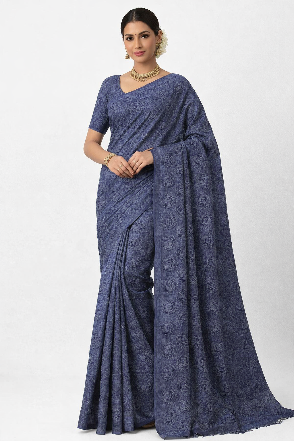 Elegant Navy Blue Floral Embroidered Saree