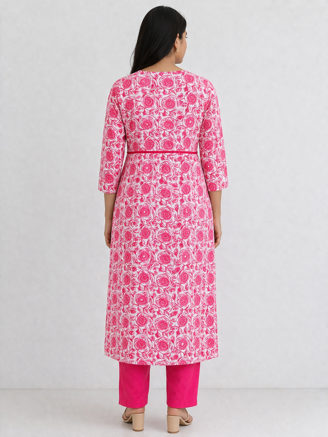 Pink & White Floral Printed Cotton Kurta for Women | Straight Fit Round Neck Kurta