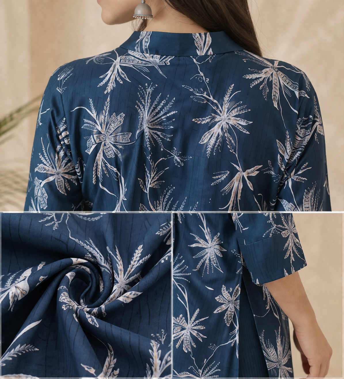 Teal blue printed palazzo set with foil leaf motif - soft cotton blend