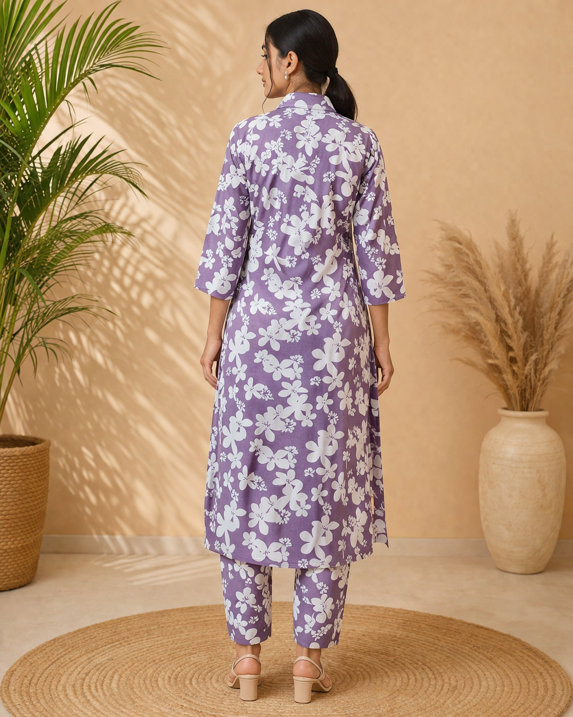 Lavender Purple Floral Printed Cotton Kurta for Women | Straight Fit V-Neck Kurta