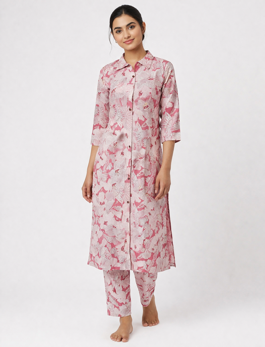 Blush Pink Floral Printed Cotton Kurta for Women | Straight Fit Shirt Collar Kurta