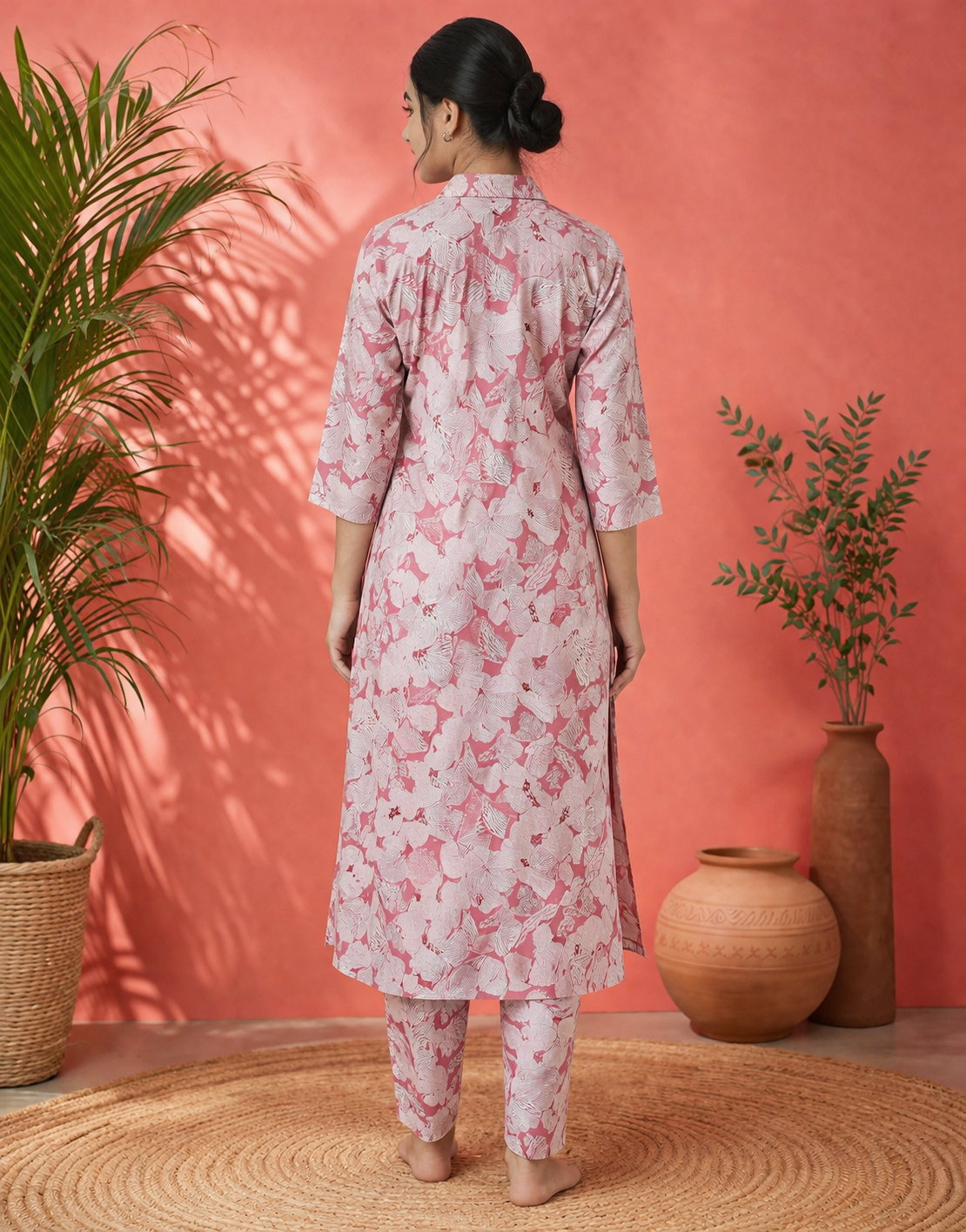 Blush Pink Floral Printed Cotton Kurta for Women | Straight Fit Shirt Collar Kurta