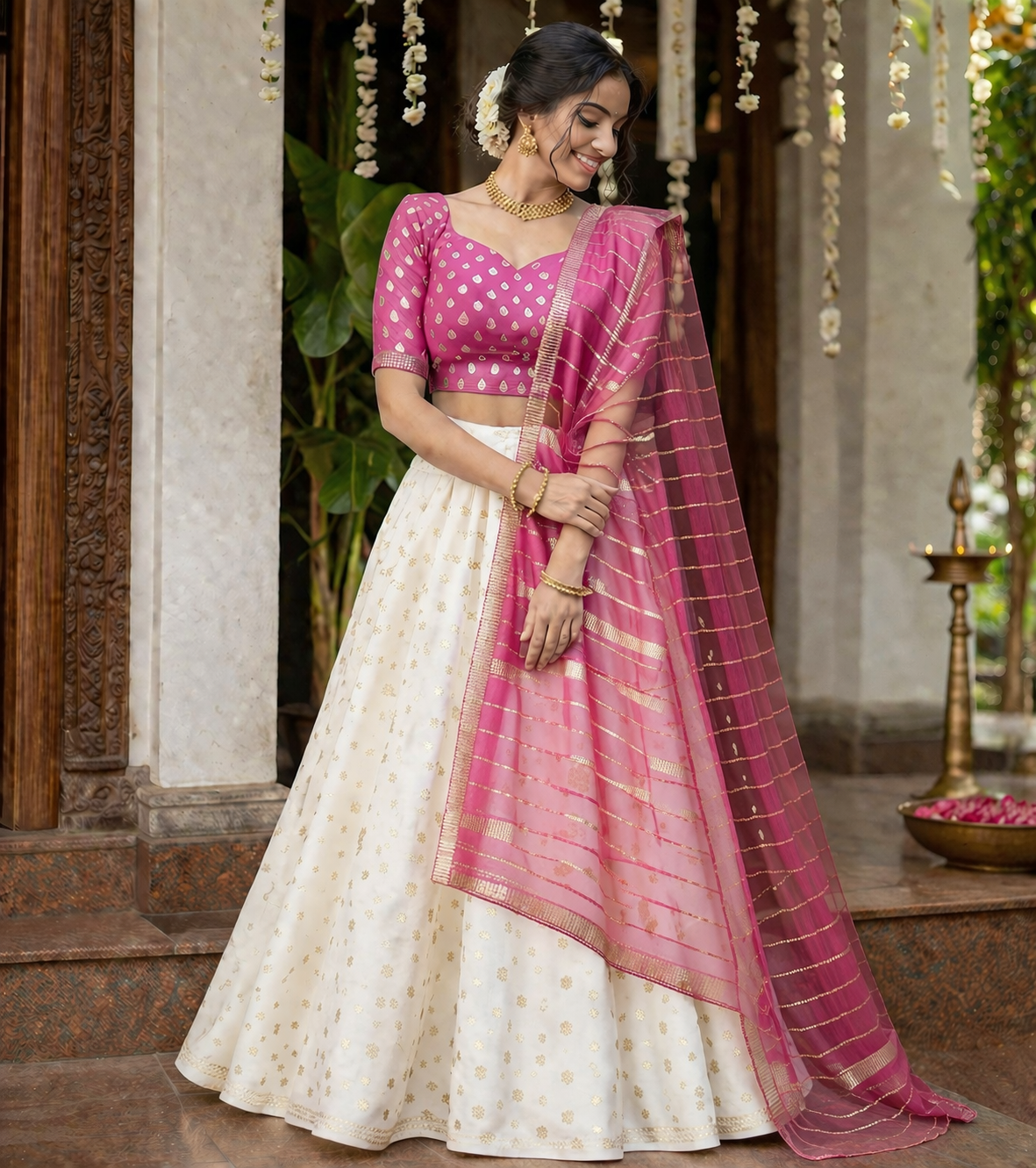 Elegant Pink & Gold Embroidered Dhawani Set