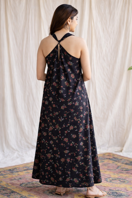 Black Floral Printed Rayon Maxi Dress for Women | Sleeveless A-Line Flowy Dress