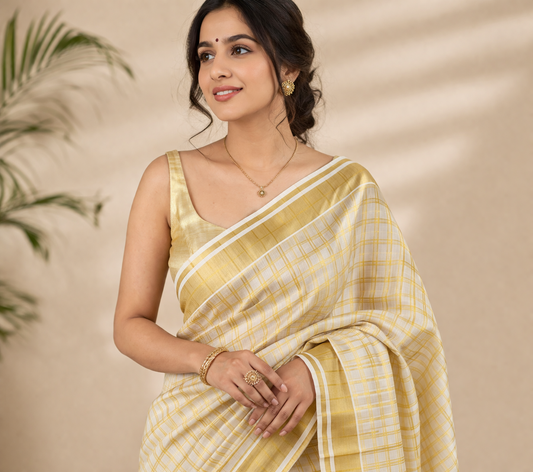 Kerala Kasavu Off-White Cotton Saree with Gold Border | Traditional Kerala Saree