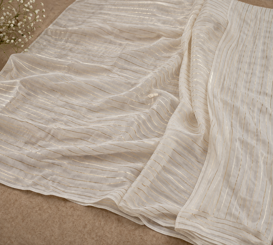 Off-White Fine Striped Organza Saree with Subtle Gold Detailing | Elegant Party Wear Saree