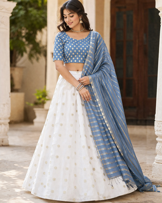 Elegant Blue & Gold Embroidered Dhawani Set