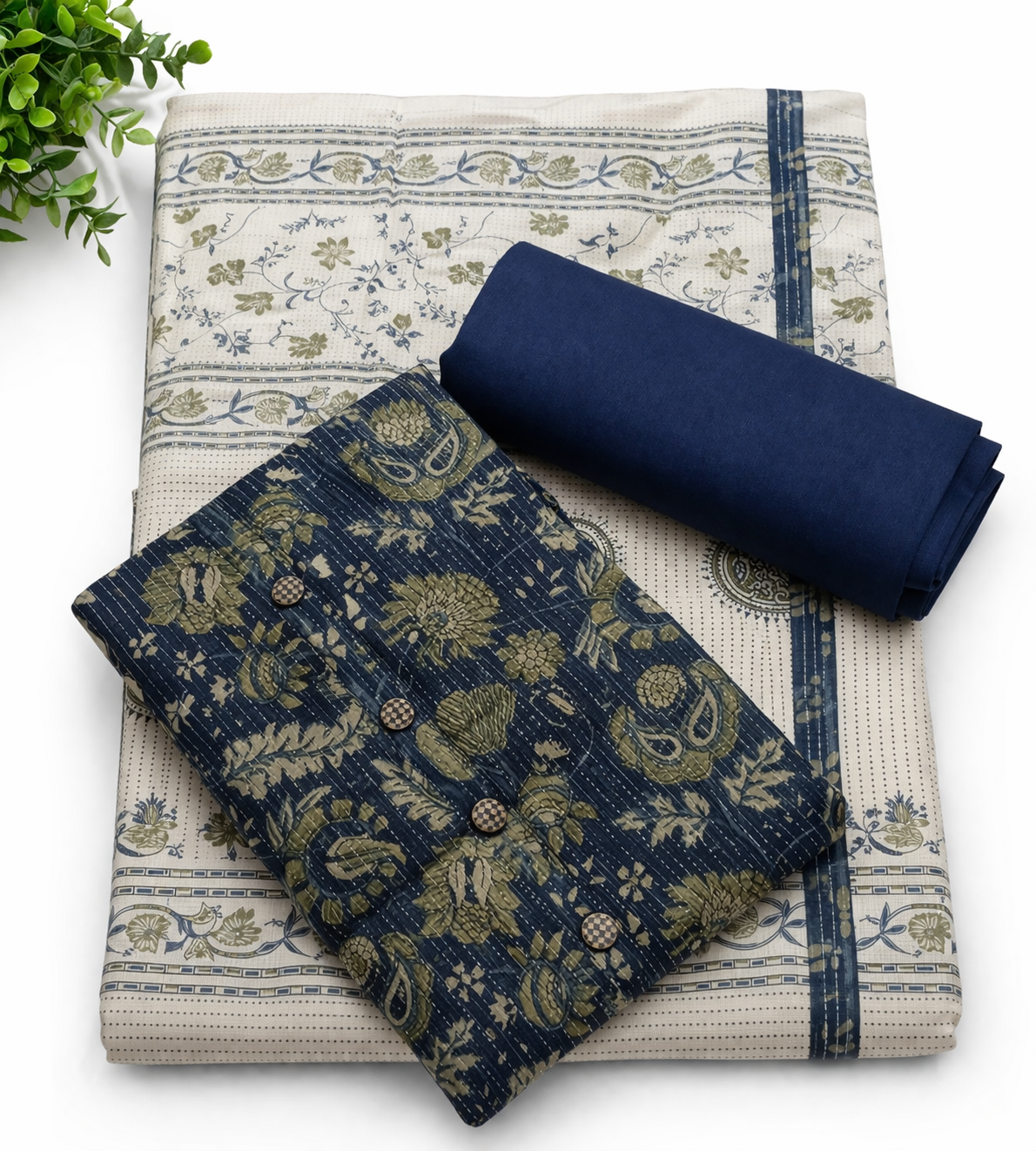 Indigo Blue Printed Cotton Dress Material Set with Dupatta | Unstitched Salwar Suit Fabric