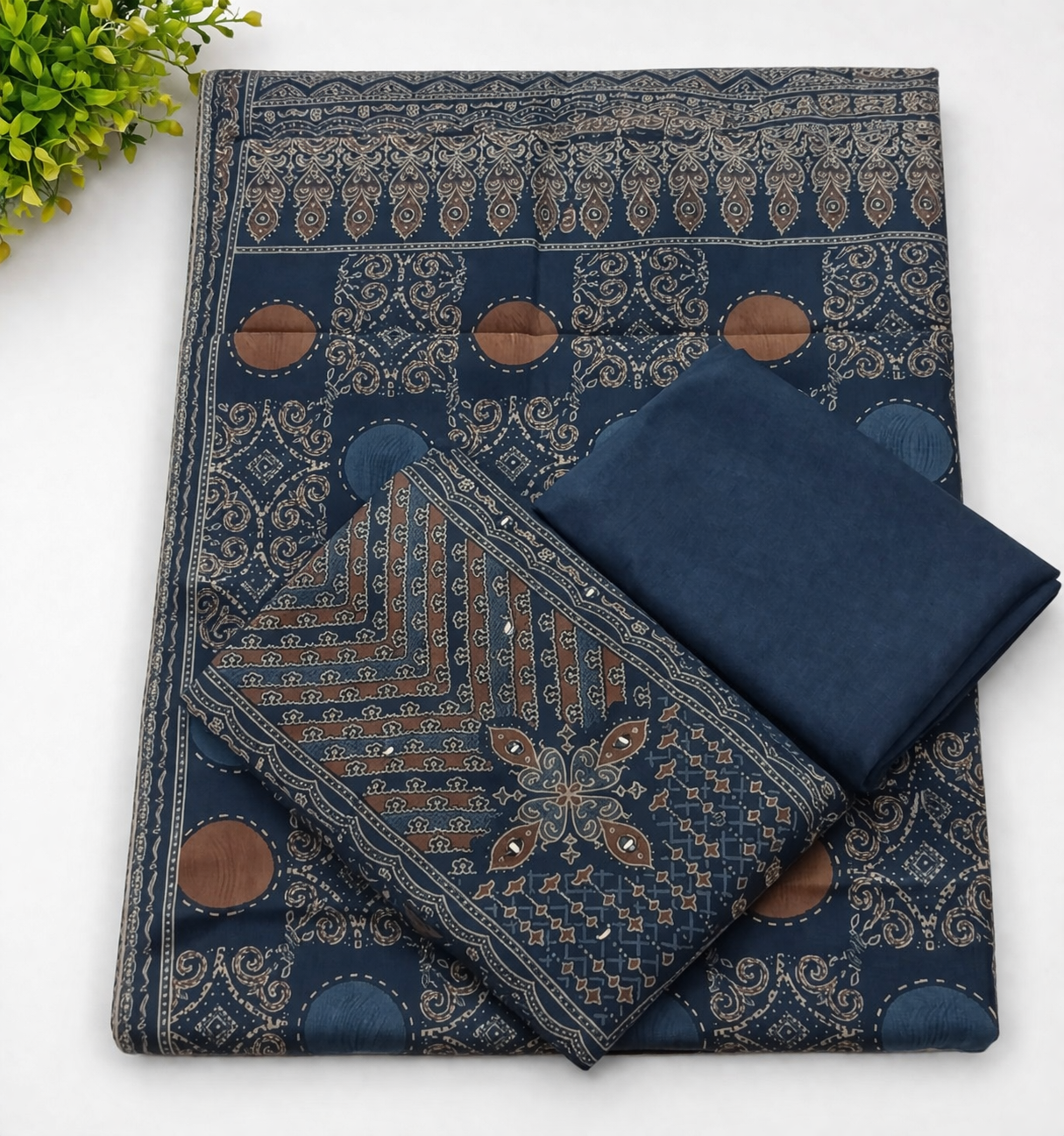 Indigo Blue Ajrakh Printed Cotton Dress Material Set with Dupatta | Unstitched Salwar Suit Fabric