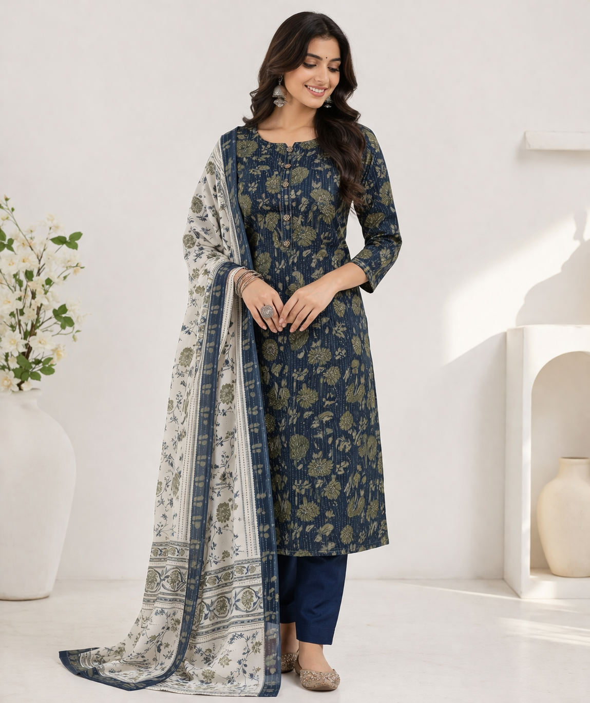 Indigo Blue Printed Cotton Dress Material Set with Dupatta | Unstitched Salwar Suit Fabric