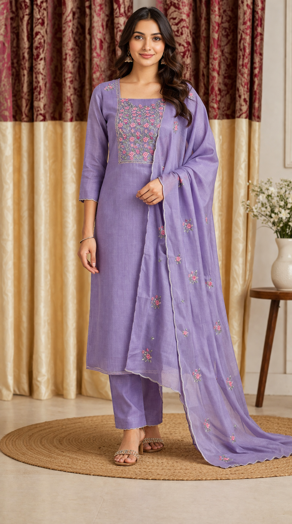 Lavender Purple Embroidered Cotton Dress Material Set with Dupatta | Unstitched Salwar Suit Fabric