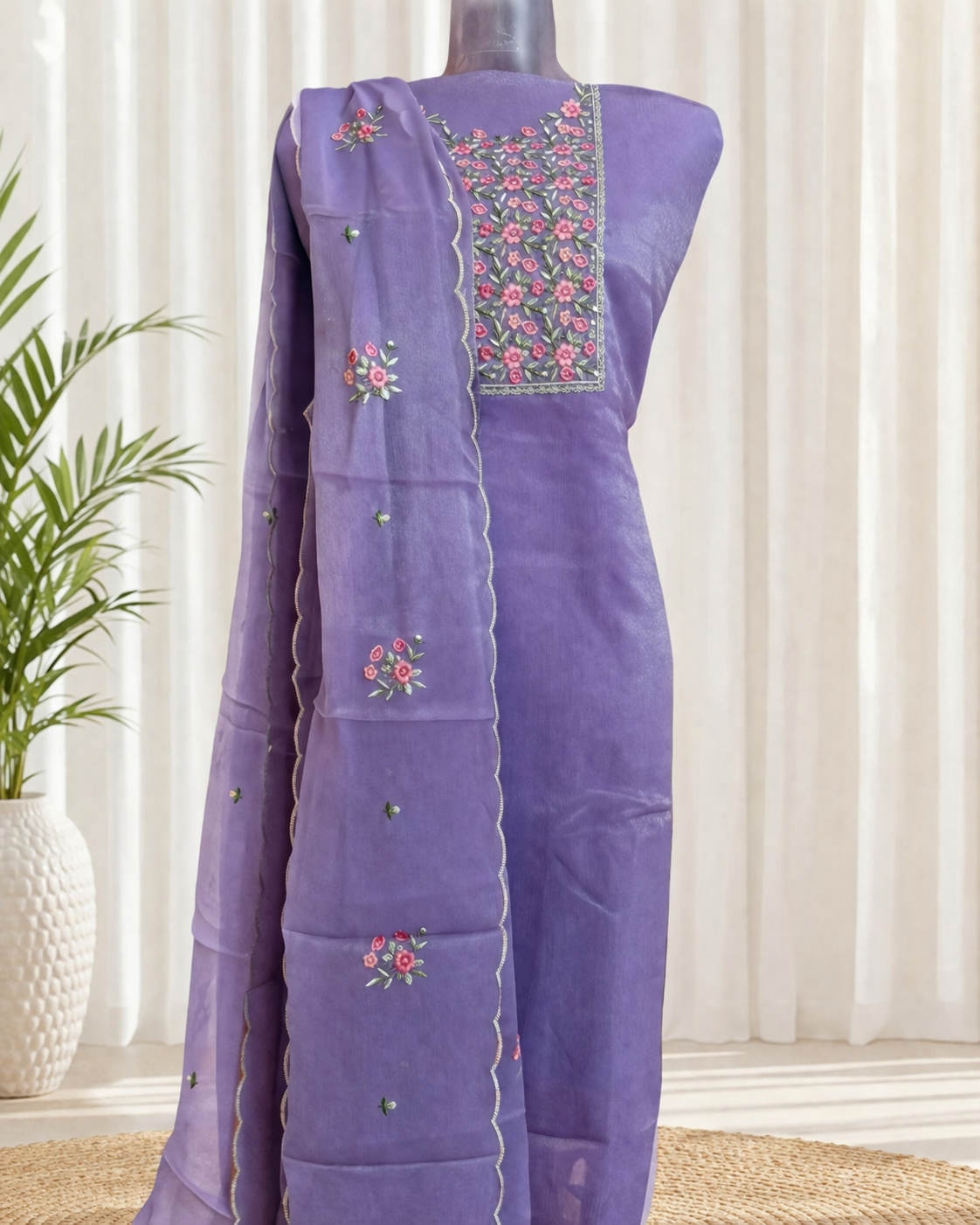 Lavender Purple Embroidered Cotton Dress Material Set with Dupatta | Unstitched Salwar Suit Fabric