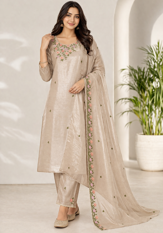 Beige Embroidered Cotton Dress Material Set with Dupatta | Elegant Unstitched Salwar Suit Fabric