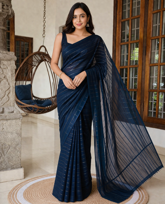 Navy Blue Sheer Striped Saree with Subtle Zari Lines | Elegant Party Wear Saree