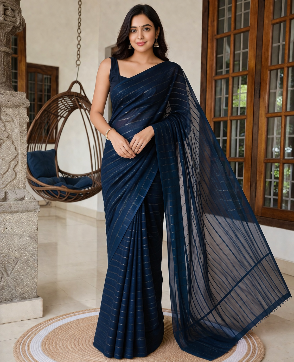 Navy Blue Striped Sheer Saree Fabric Set | Unstitched Elegant Zari Line Saree Material