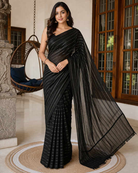 Black Striped Sheer Saree Fabric Set | Unstitched Elegant Zari Line Saree Material