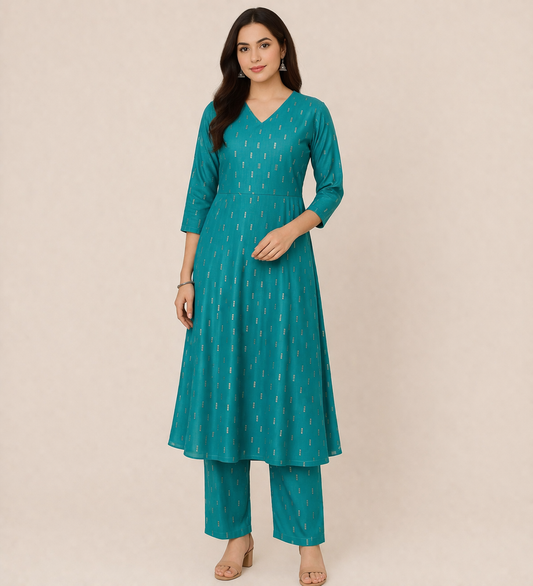 Teal Green Printed Kurta Pant Set | Elegant Fit Ethnic Wear for Women