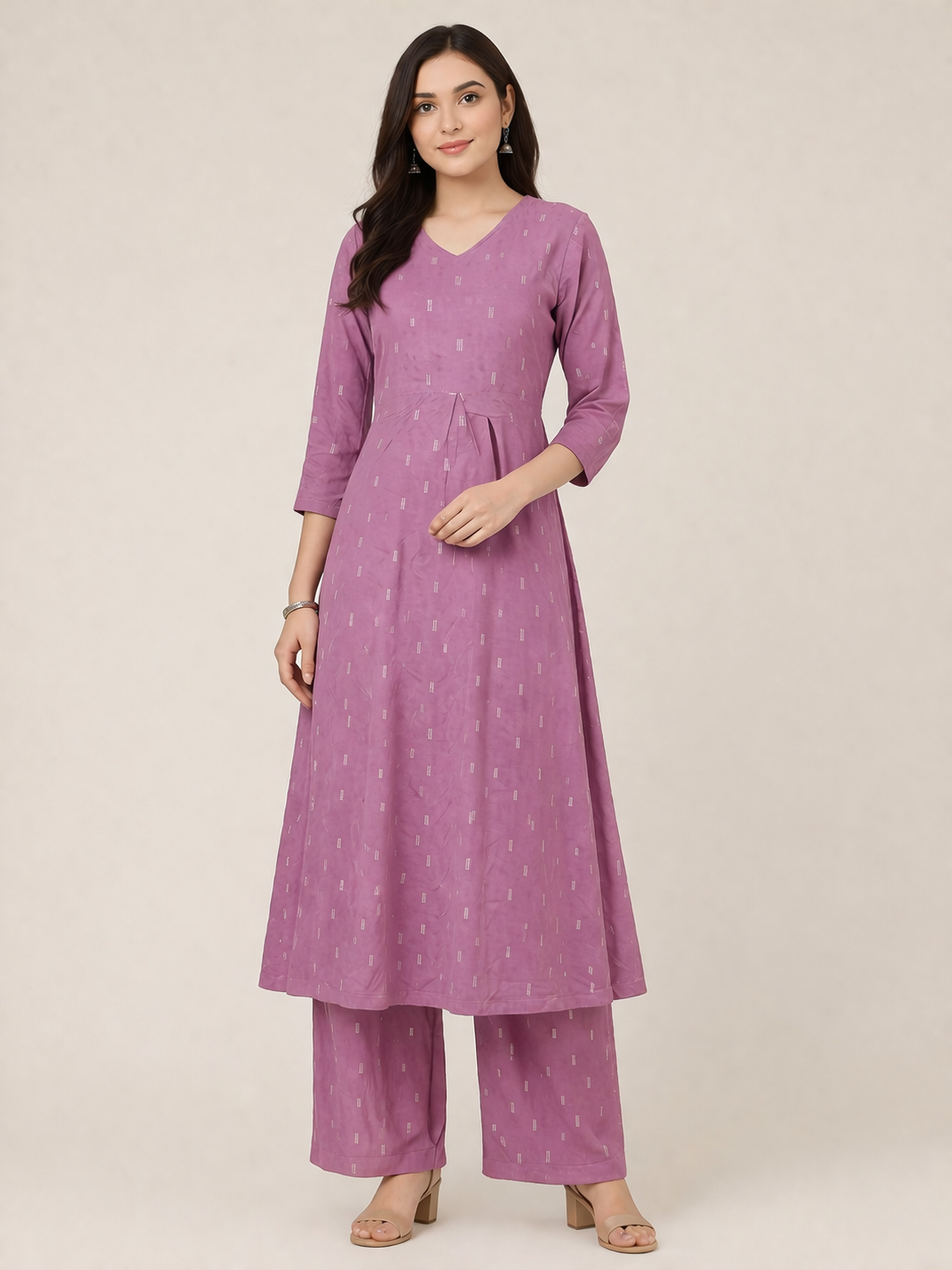 Dusty Mauve Printed Kurta Pant Set | Elegant A-Line Ethnic Wear for Women