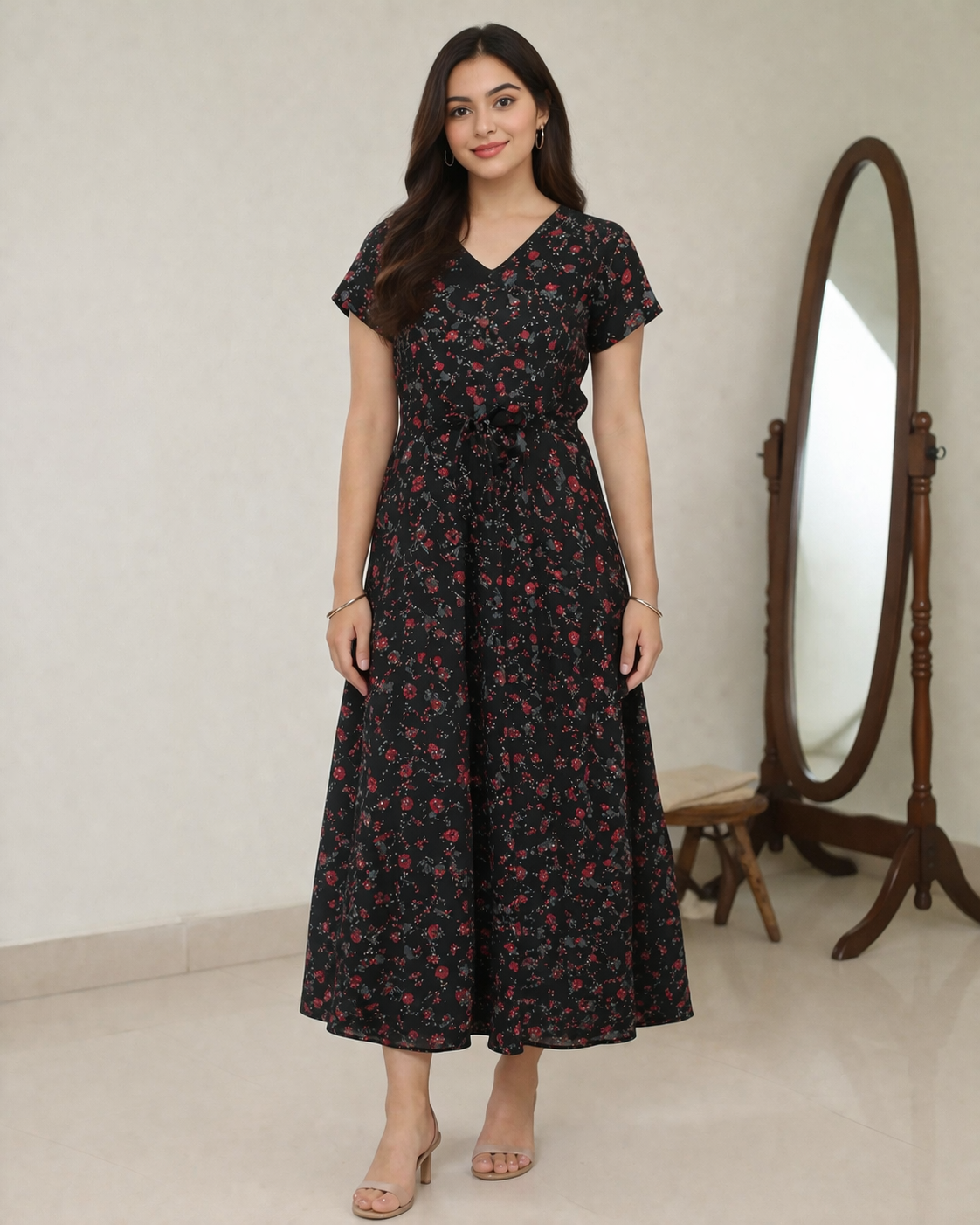 Black Floral Print Maxi Dress with Waist Tie-Up | Elegant Casual & Party Wear Dress