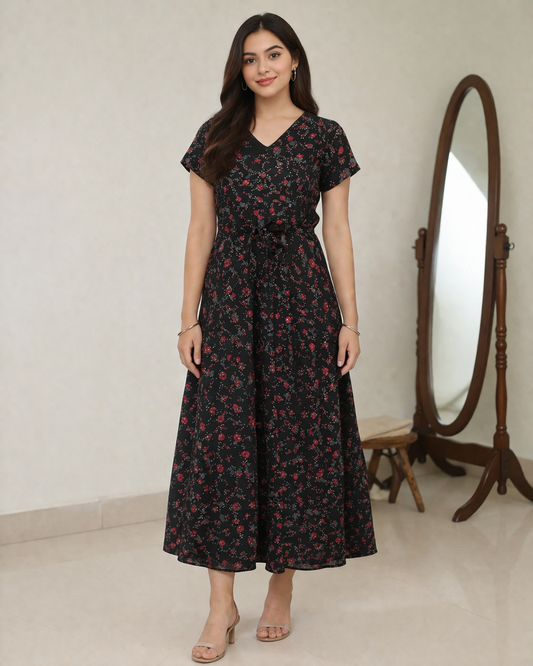 Black Floral Print Maxi Dress with Waist Tie-Up | Elegant Casual & Party Wear Dress