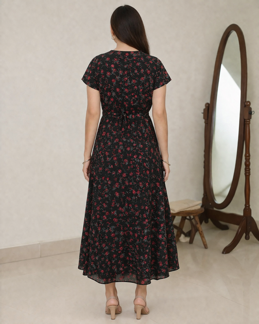 Black Floral Print Maxi Dress with Waist Tie-Up | Elegant Casual & Party Wear Dress