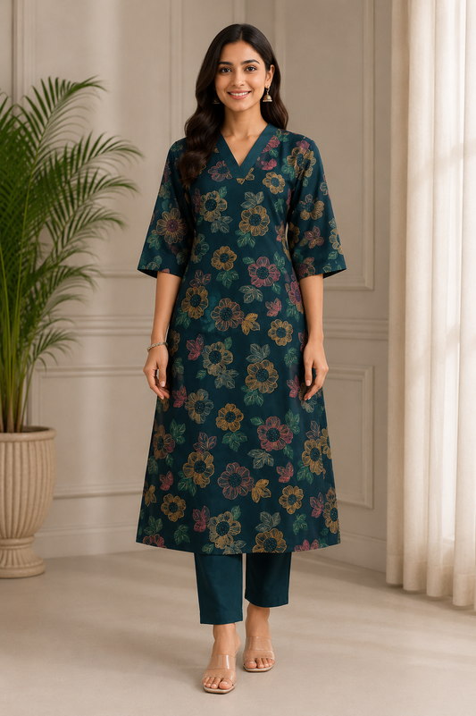 Teal Blue Floral Printed Kurta Pant Set