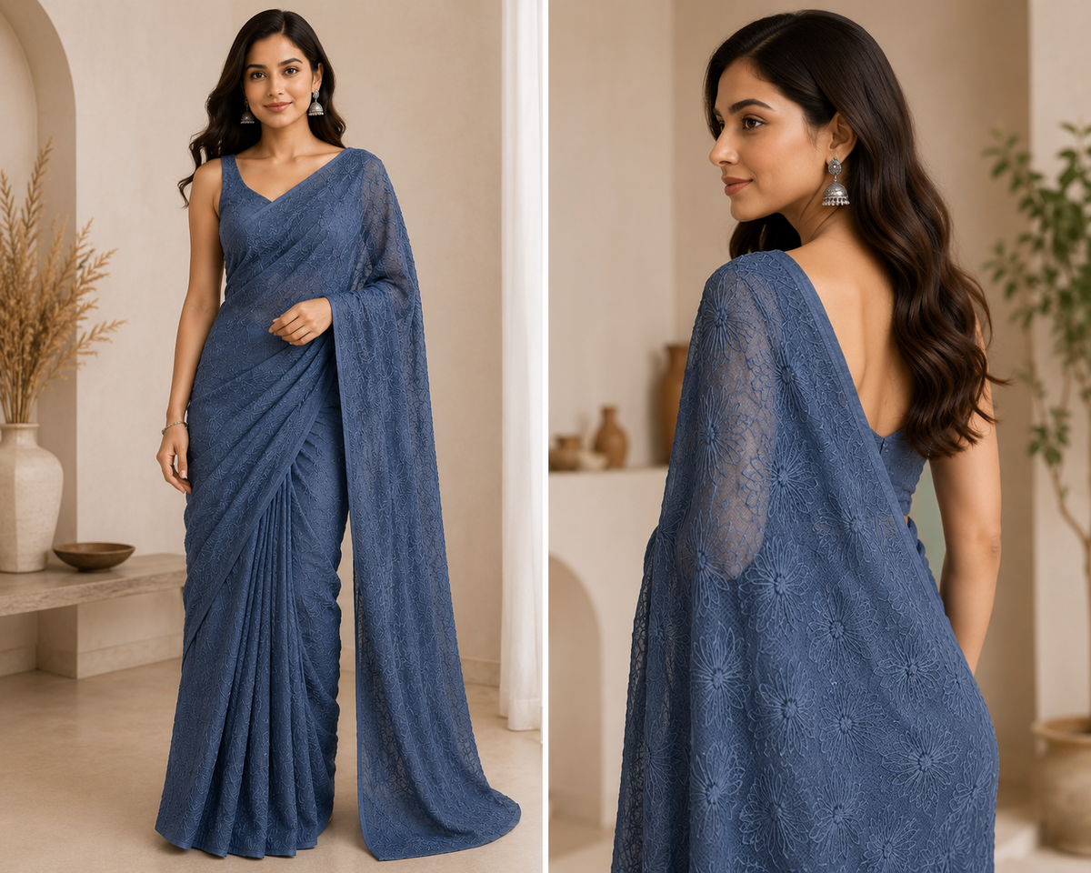 Elegant Navy Blue Floral Embroidered Saree