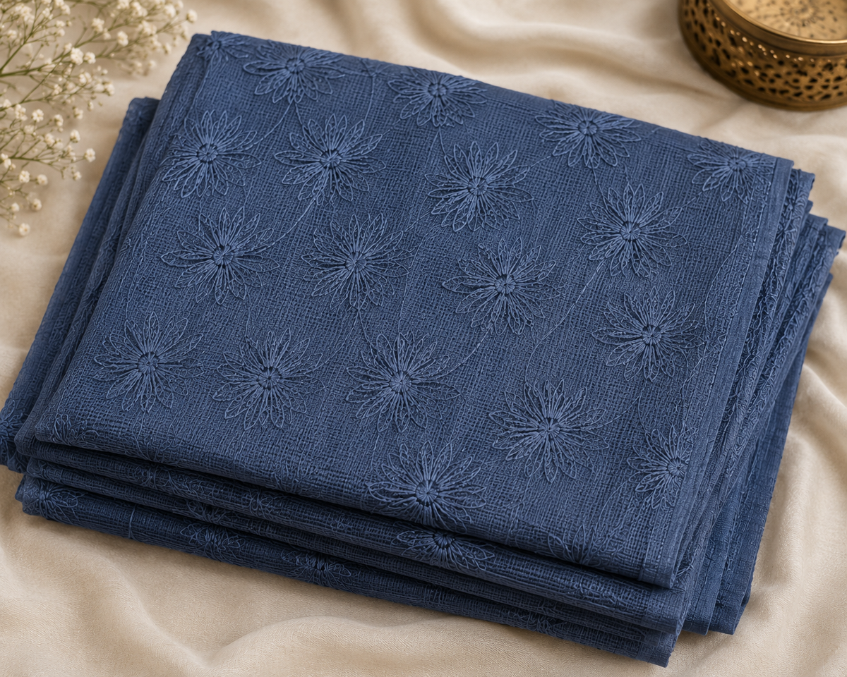 Elegant Navy Blue Floral Embroidered Saree