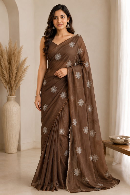 Muted brown semi Linen blend saree