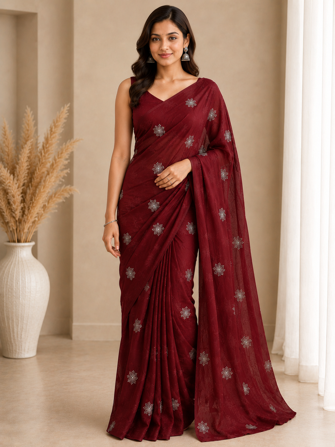 Muted maroon semi Linen blend saree