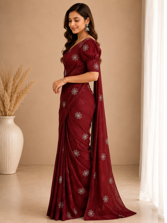 Muted maroon semi Linen blend saree