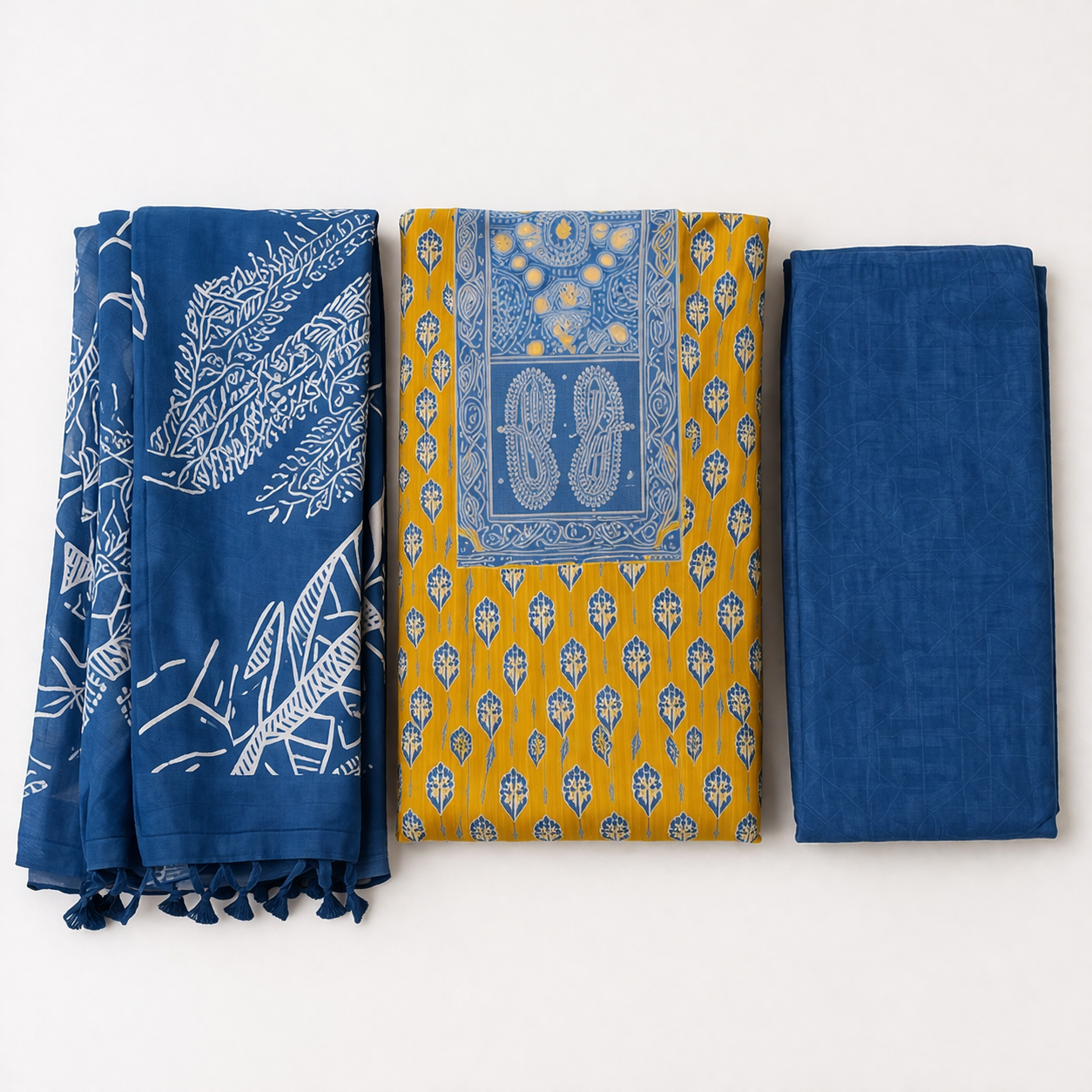 Blue & Mustard Yellow Printed Cotton Dress Material Set with Dupatta | Unstitched Salwar Suit Fabric