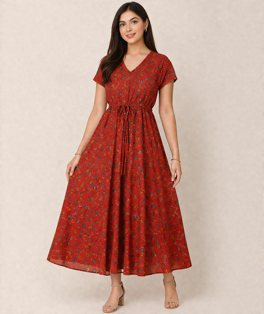 Red Floral Print Maxi Dress with Waist Tie-Up | Elegant Casual & Festive Wear Dress