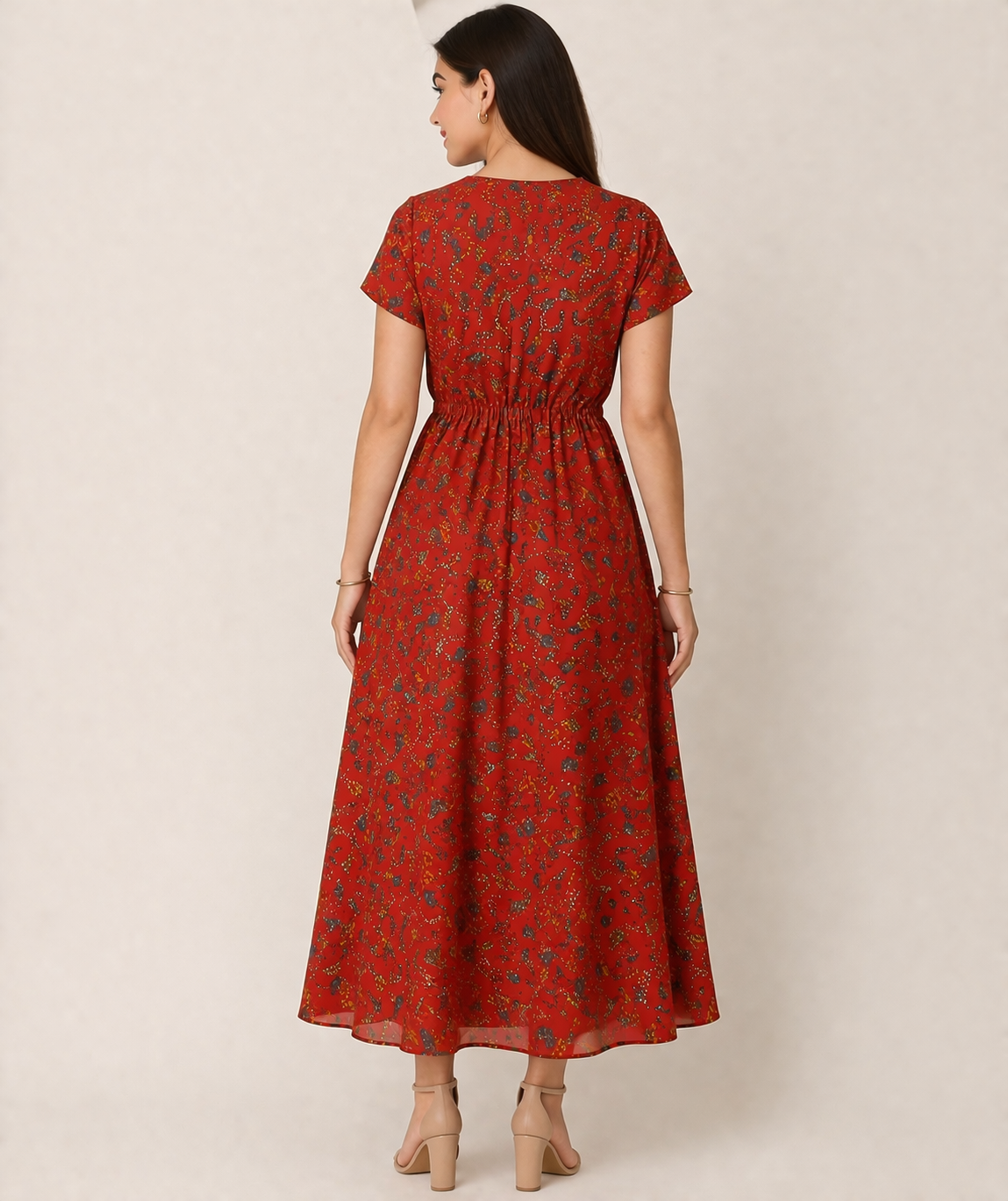 Red Floral Print Maxi Dress with Waist Tie-Up | Elegant Casual & Festive Wear Dress