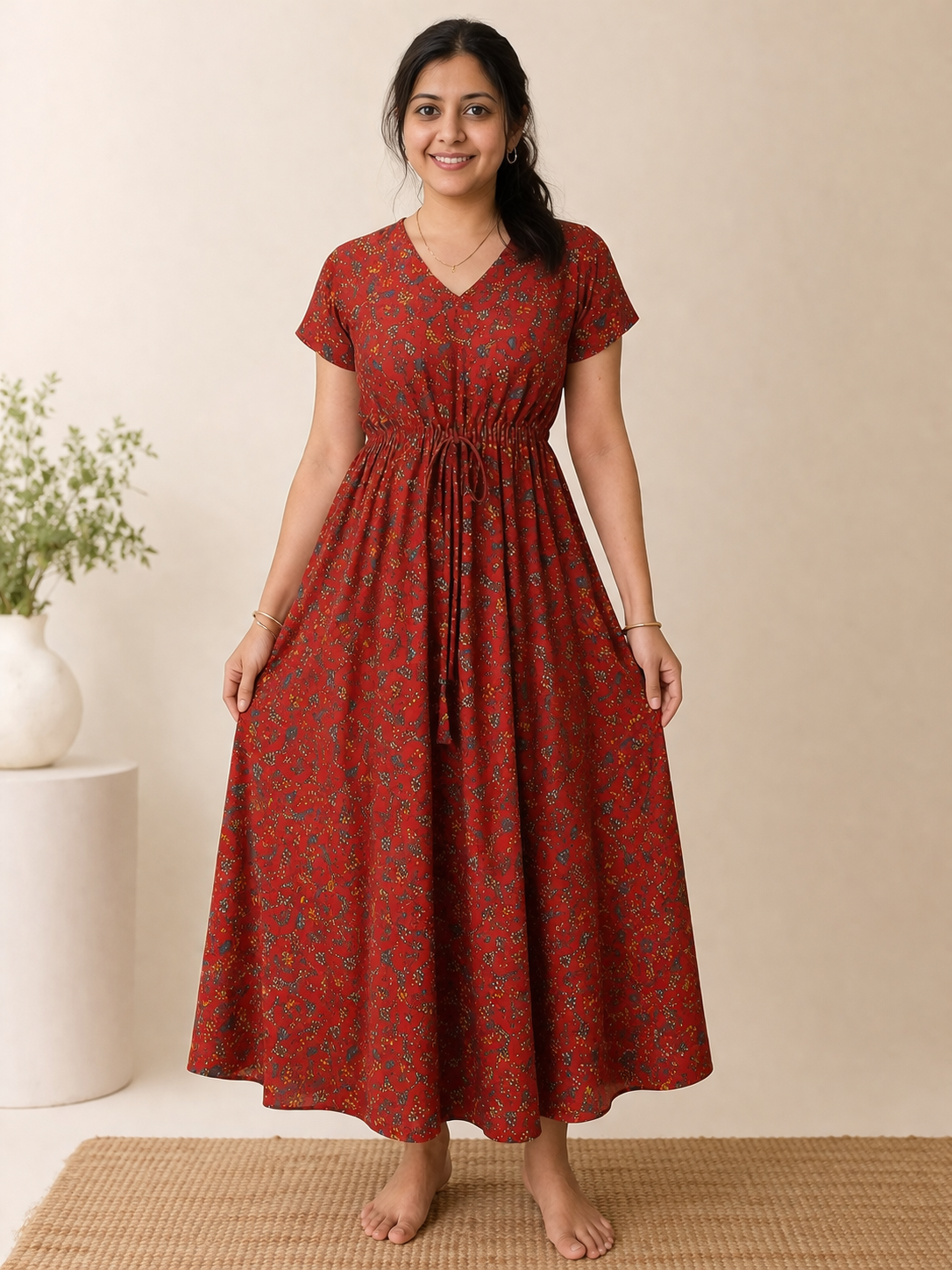Red Floral Print Maxi Dress with Waist Tie-Up | Elegant Casual & Festive Wear Dress