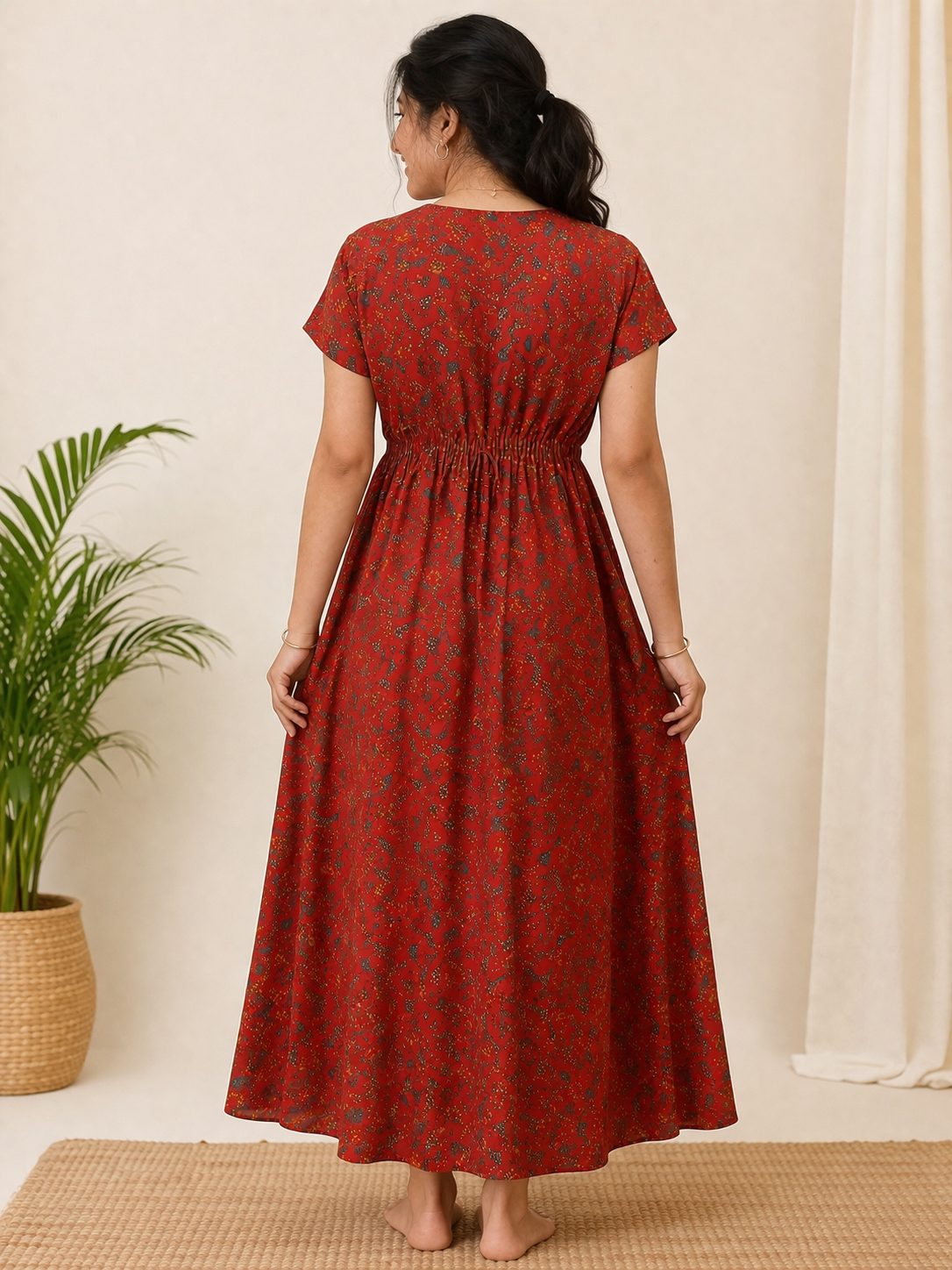 Red Floral Print Maxi Dress with Waist Tie-Up | Elegant Casual & Festive Wear Dress
