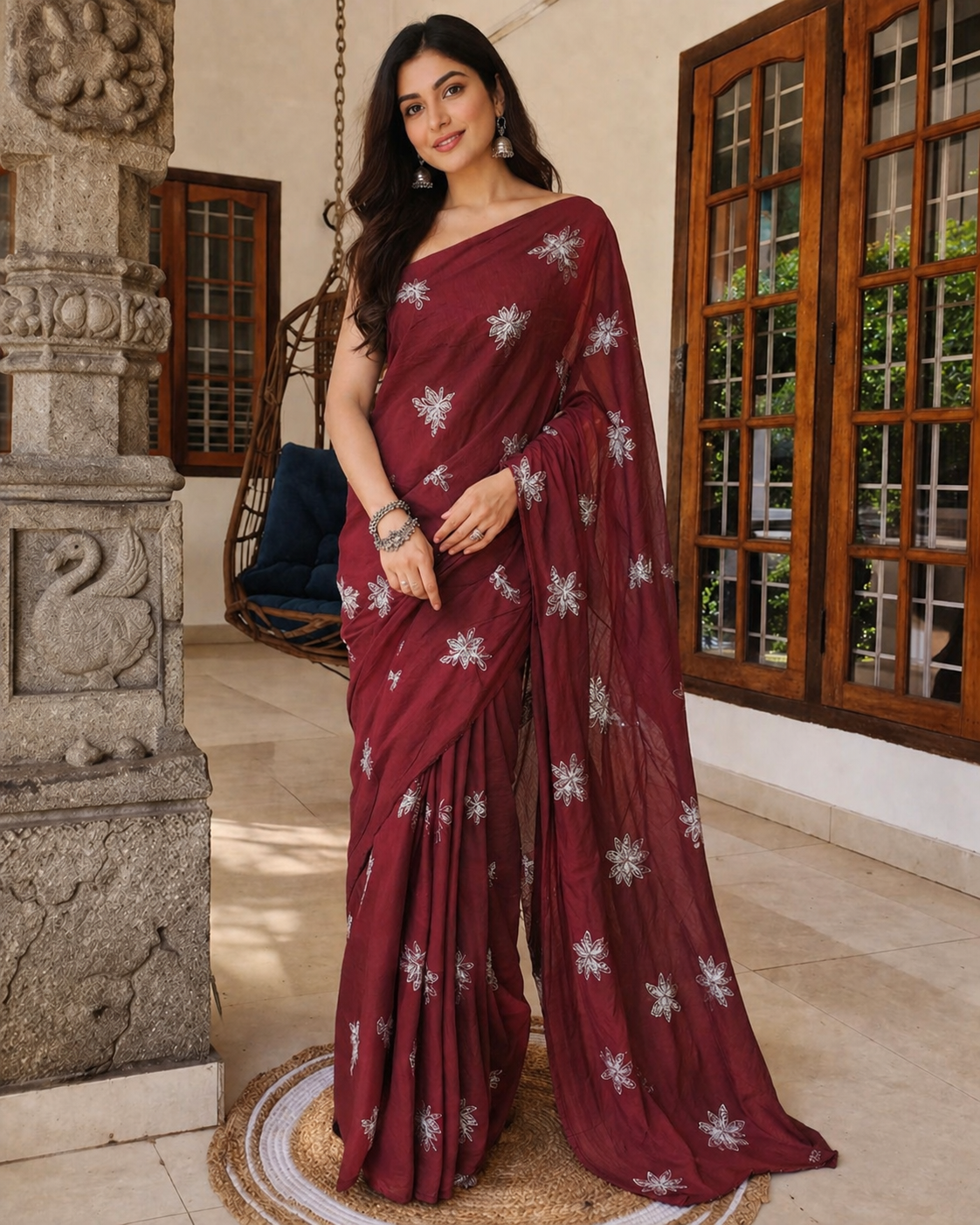 Muted maroon semi Linen blend saree