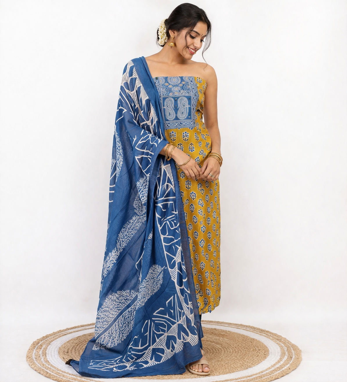 Blue & Mustard Yellow Printed Cotton Dress Material Set with Dupatta | Unstitched Salwar Suit Fabric