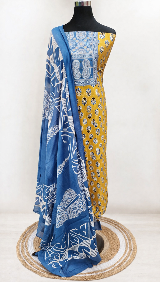 Blue & Mustard Yellow Printed Cotton Dress Material Set with Dupatta | Unstitched Salwar Suit Fabric