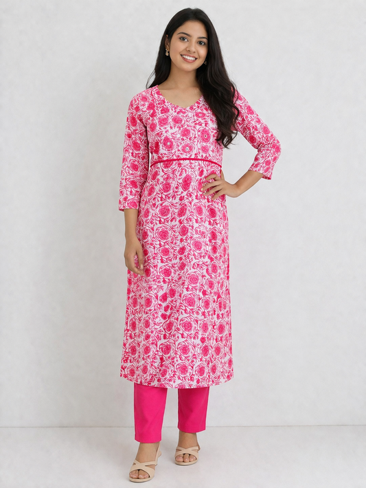 Pink & White Floral Printed Cotton Kurta for Women | Straight Fit Round Neck Kurta