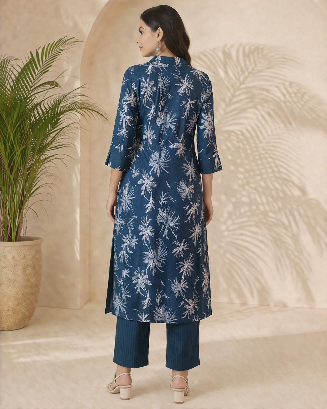 Teal blue printed palazzo set with foil leaf motif - soft cotton blend