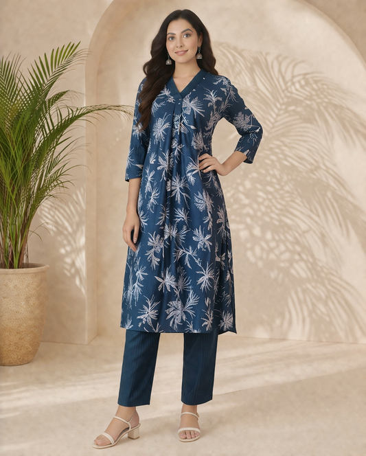 Teal blue printed palazzo set with foil leaf motif - soft cotton blend