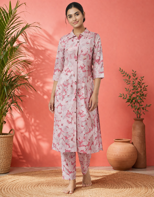 Blush Pink Floral Printed Cotton Kurta for Women | Straight Fit Shirt Collar Kurta