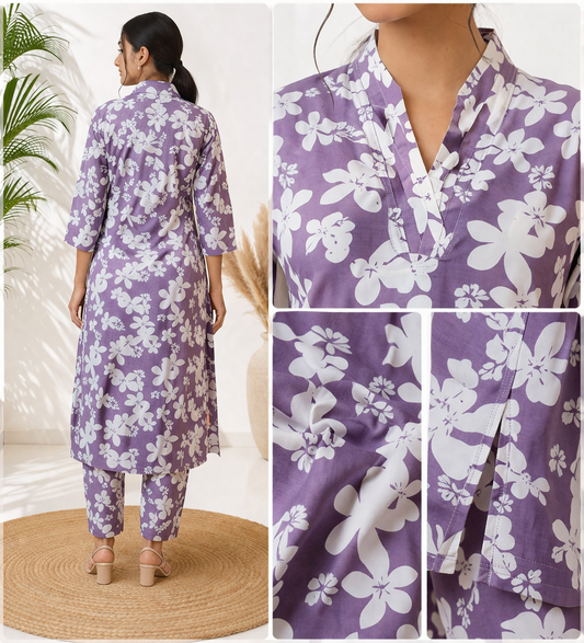 Lavender Purple Floral Printed Cotton Kurta for Women | Straight Fit V-Neck Kurta