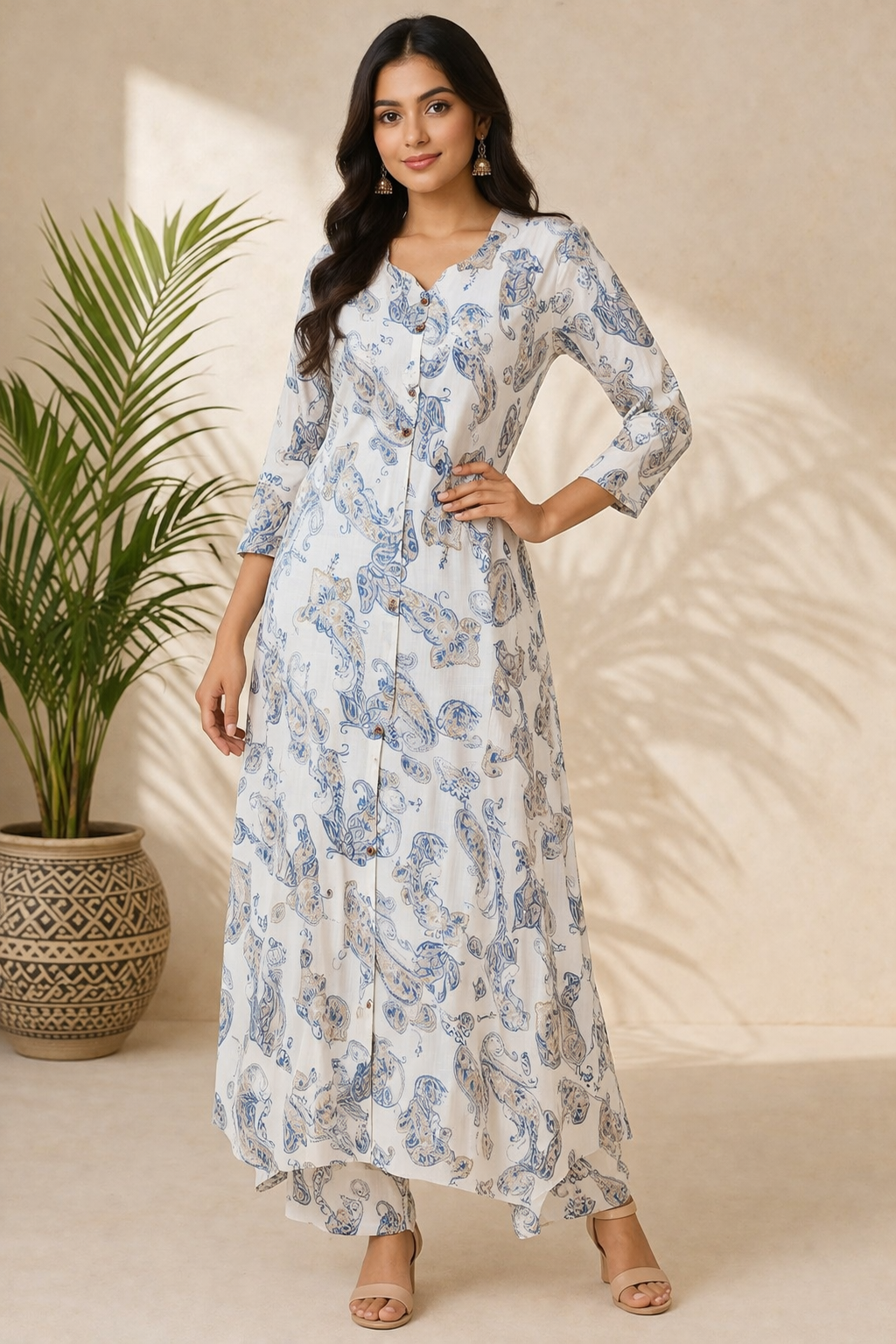 White & Blue Paisley Printed Cotton Kurta for Women | A-Line Button-Down Kurta