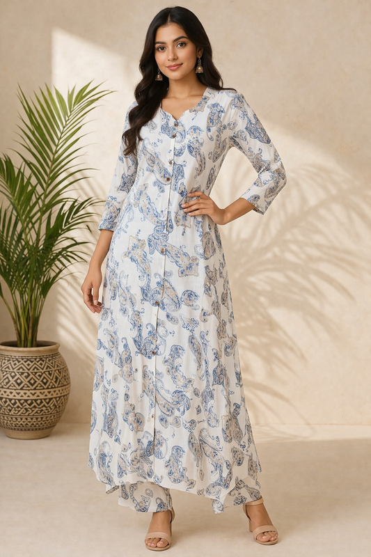 White & Blue Paisley Printed Cotton Kurta for Women | A-Line Button-Down Kurta