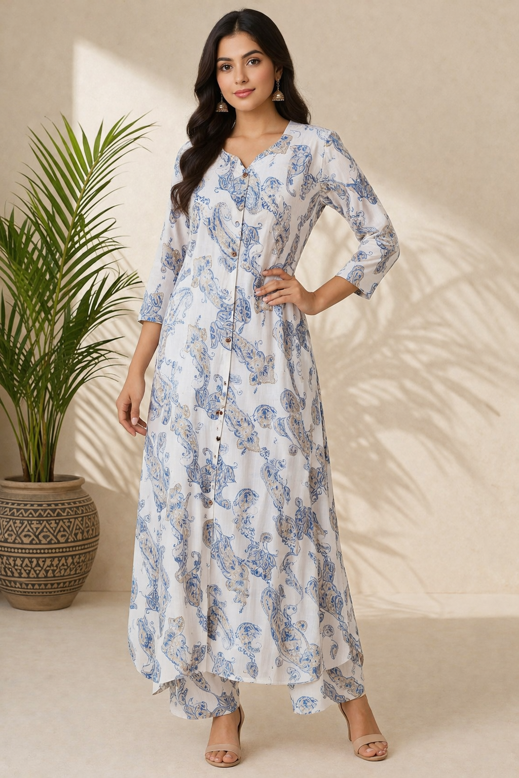 White & Blue Paisley Printed Cotton Kurta for Women | A-Line Button-Down Kurta
