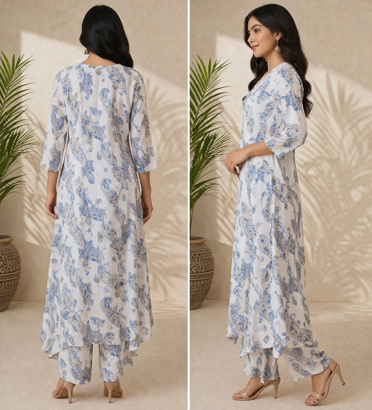 White & Blue Paisley Printed Cotton Kurta for Women | A-Line Button-Down Kurta
